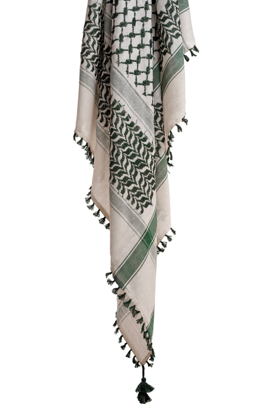 Elegant Green and White Palestinian Kuffiyeh by YAFA ARTS