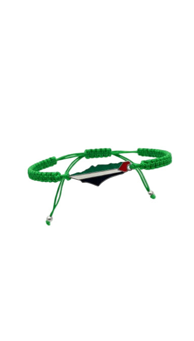 Green bracelet with a black and red triangle on a white background