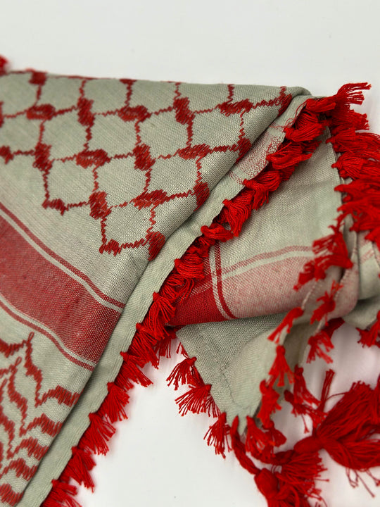 Elegant Red and Sage Green Palestinian Kuffiyeh by YAFA ARTS