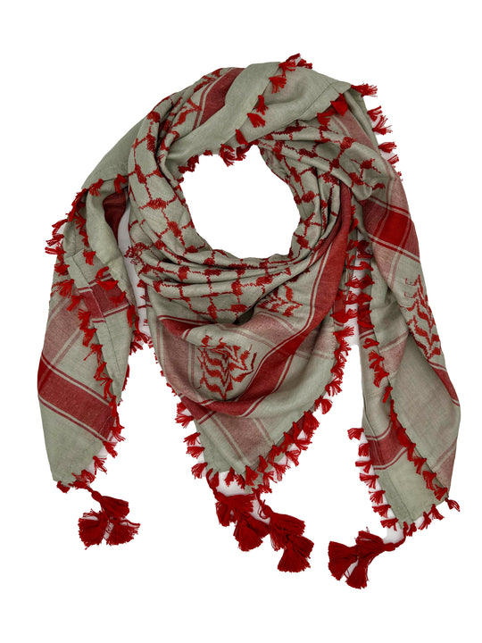 Elegant Red and Sage Green Palestinian Kuffiyeh by YAFA ARTS