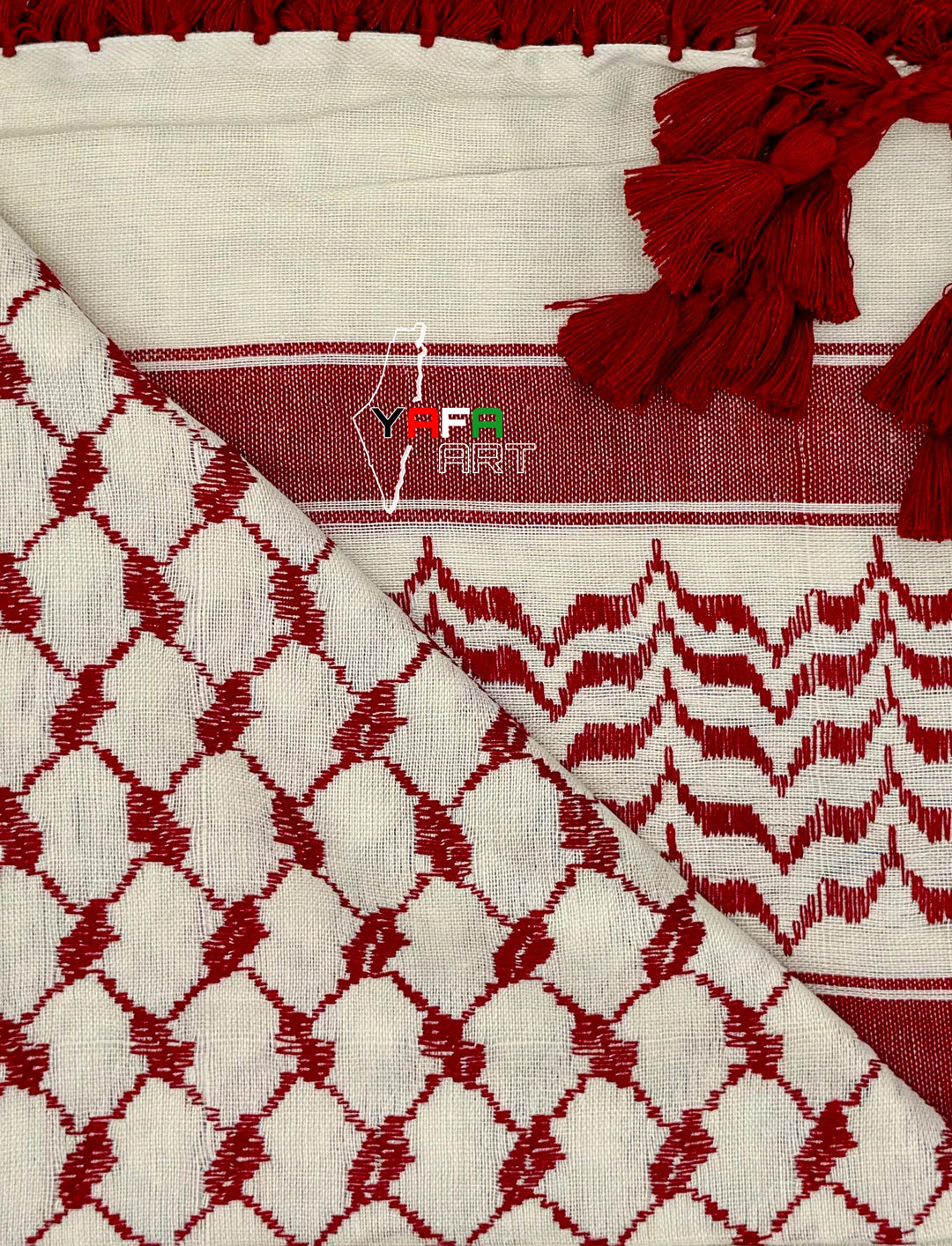 Classic Dark Red and White Palestinian Kuffiyeh by YAFA ARTS