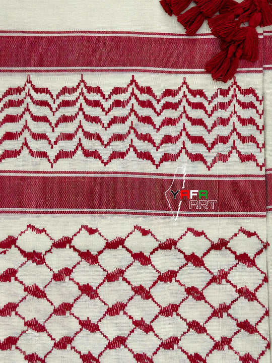 Classic Dark Red and White Palestinian Kuffiyeh by YAFA ARTS