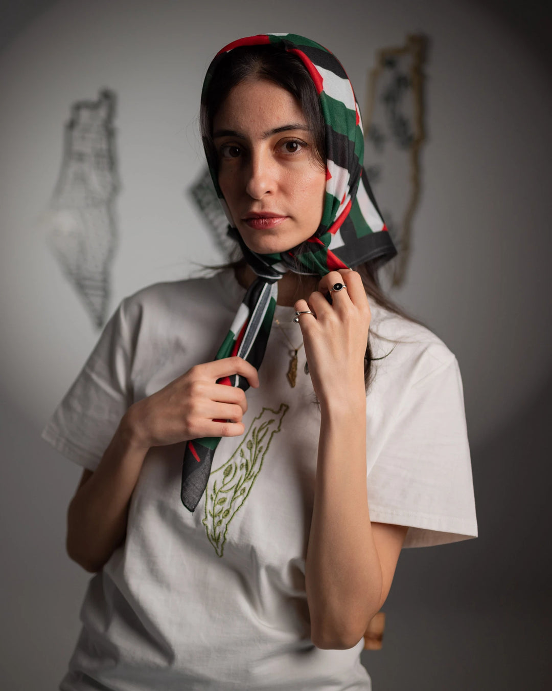 Palestine Olive Map Embroidered Cotton T-Shirt
