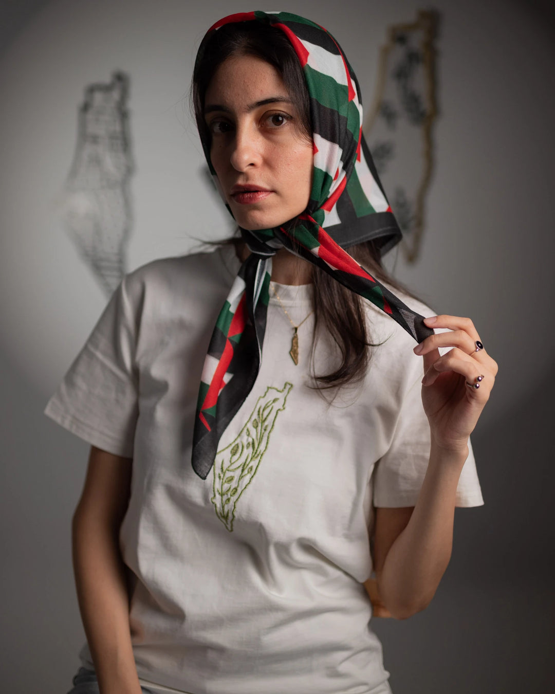 Palestine Olive Map Embroidered Cotton T-Shirt