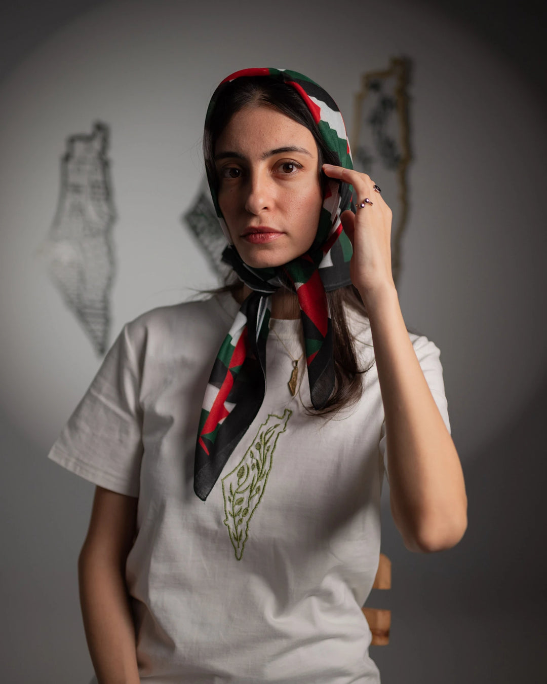 Palestine Olive Map Embroidered Cotton T-Shirt