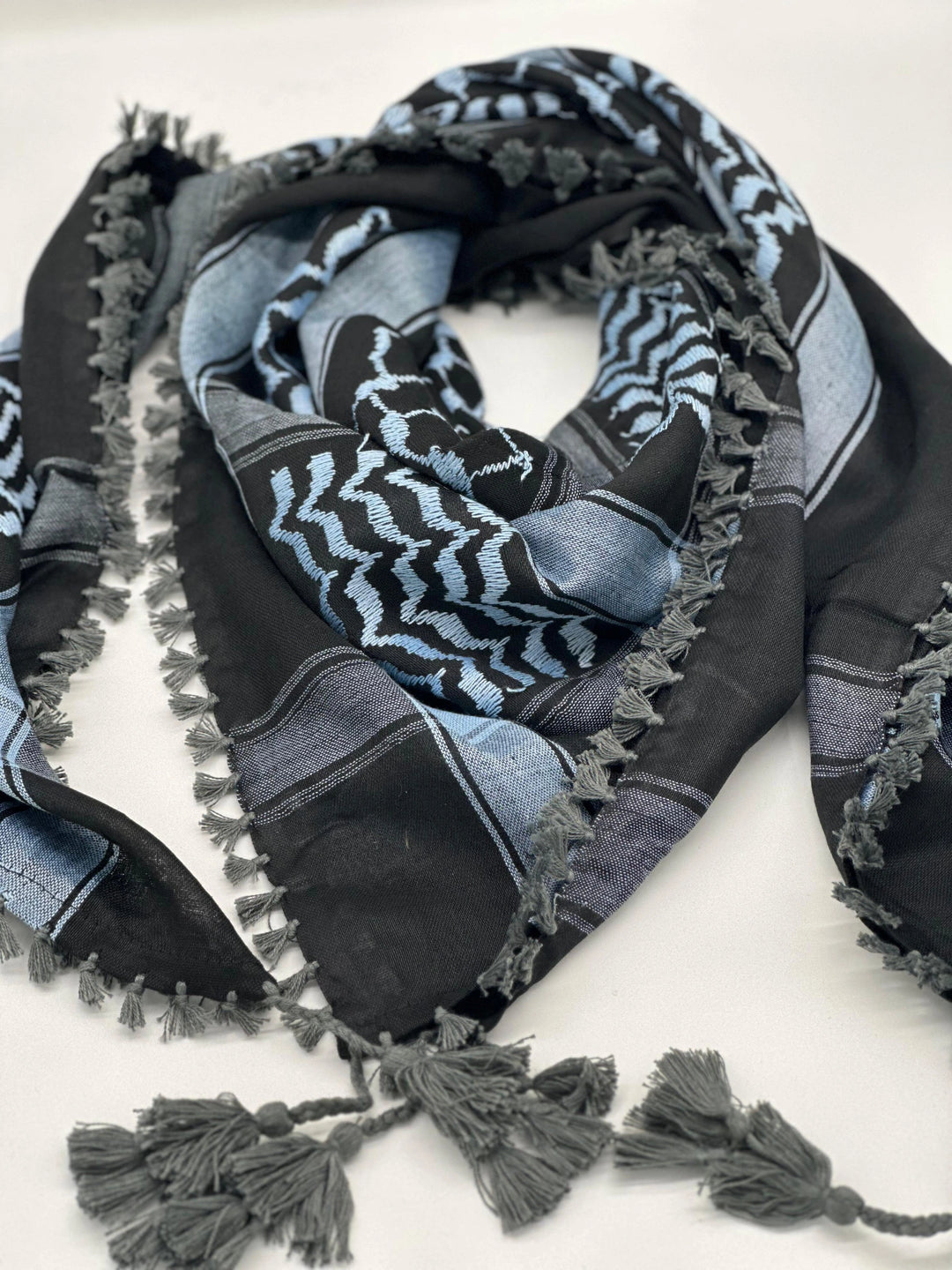 Black and Sky Blue Palestinian Kuffiyeh by YAFA ARTS