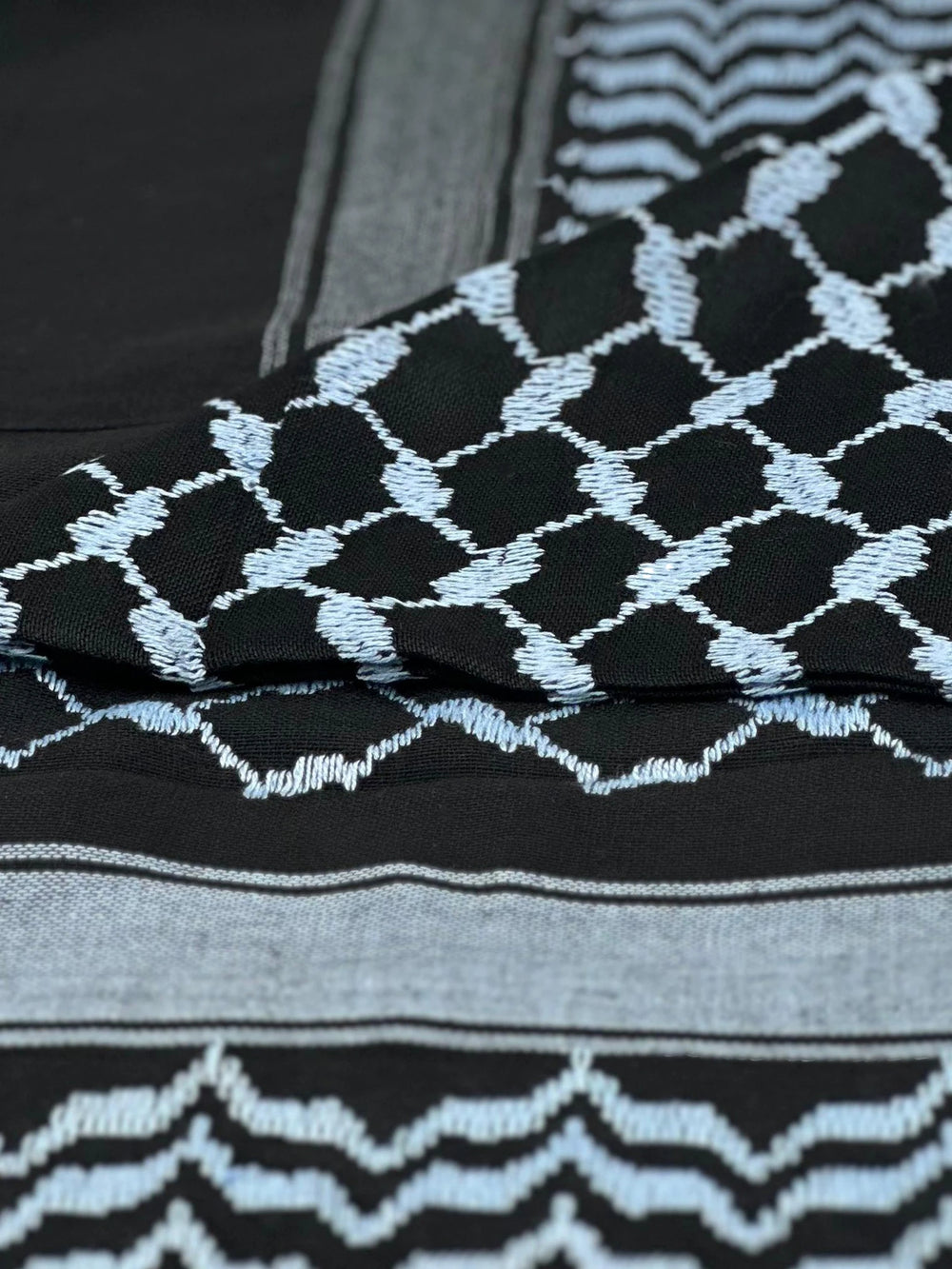 Black and Sky Blue Palestinian Kuffiyeh by YAFA ARTS