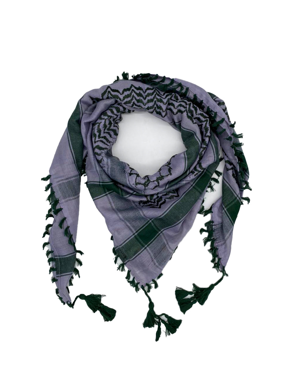 Purple and green checkered scarf with tassels on a white background